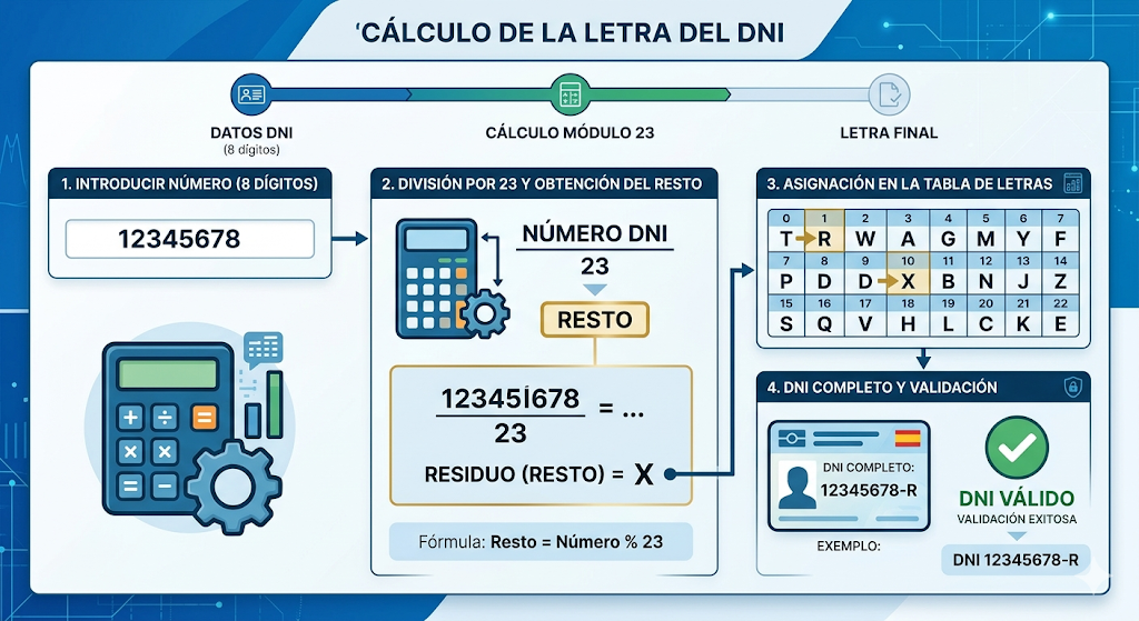 Guía visual para verificar NIF: pasos para calcular el dígito de control y validar DNI mediante la asignación de la letra DNI