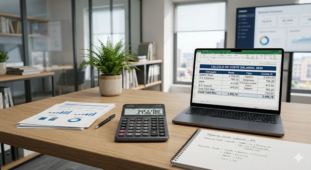 Calculadora de coste salarial para empresas: análisis de salario bruto, seguridad social del empleado e impuestos en entorno profesional.