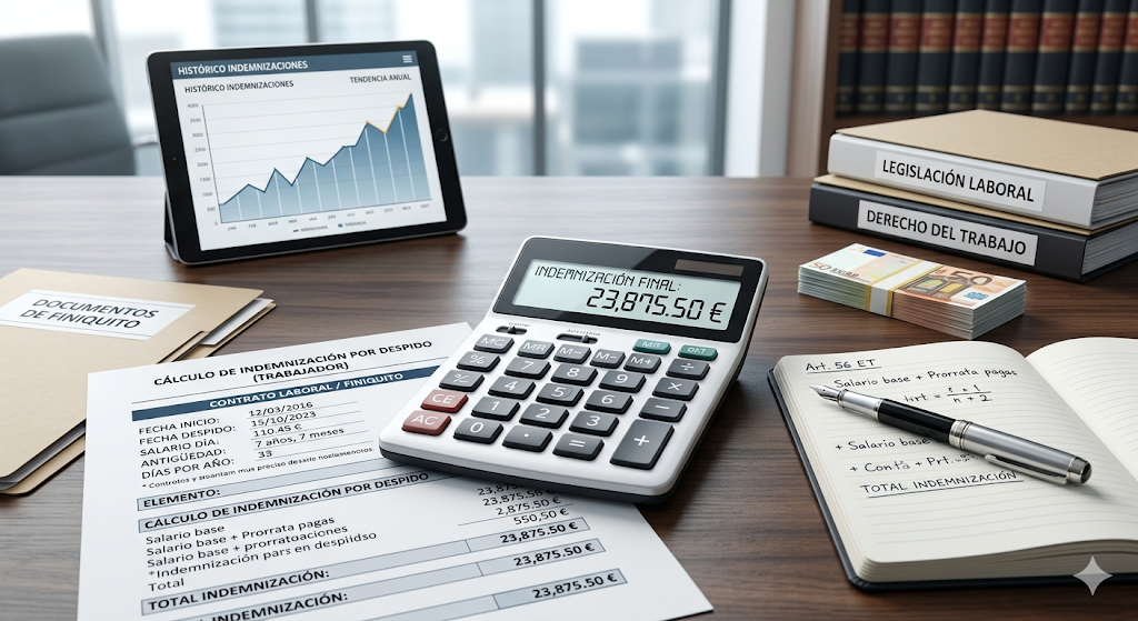 Calculadora de indemnización por despido de un trabajador con contrato laboral, documentos legales y finiquito en un entorno profesional