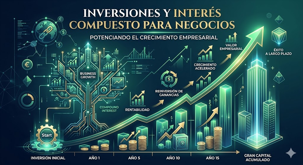 inversión empresarial y rentabilidad acelerada mediante la aplicación del interés compuesto, representado con elementos visuales de éxito financiero y crecimiento de capital.