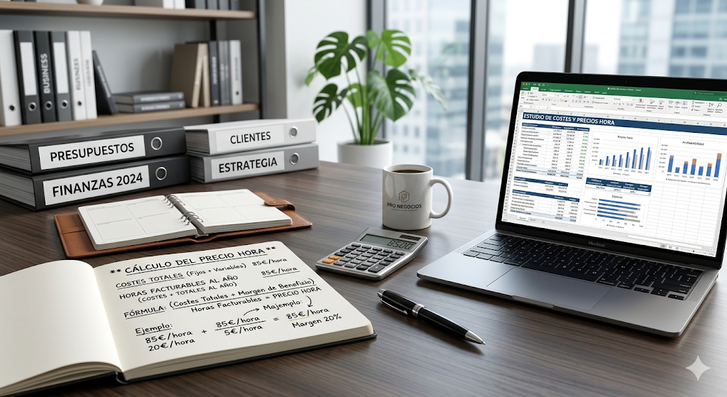 Herramientas de análisis financiero para calcular el precio hora de servicios, gestión de facturación, presupuestos y objetivos de ventas en un entorno empresarial.