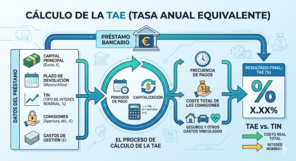 cálculo de la TAE de un préstamo y financiación bancaria, detallando la diferencia entre el interés nominal y el coste real total.