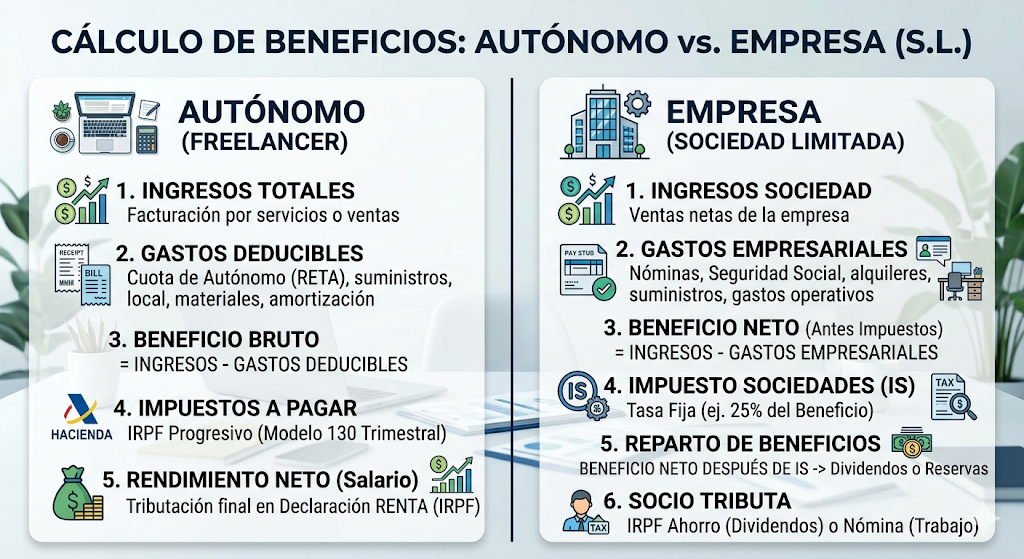 cálculo de beneficio: autónomo vs sociedad. Muestra el desglose de ingresos, gastos y el pago de impuestos, incluyendo el IRPF para trabajadores por cuenta propia y el impuesto sociedades tras la constitución de una empresa (S.L.).