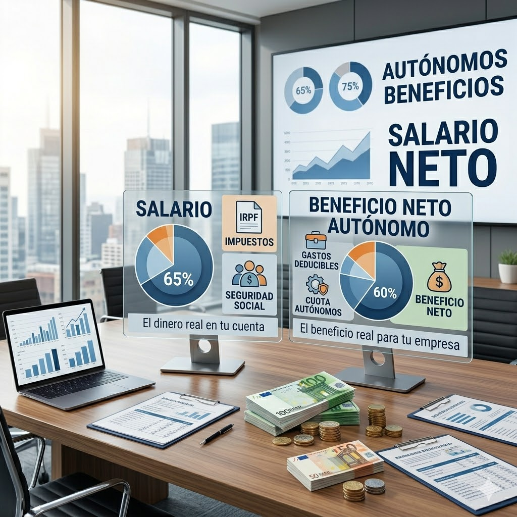 Comparativa de salario neto de un trabajador frente al beneficio neto de un autónomo